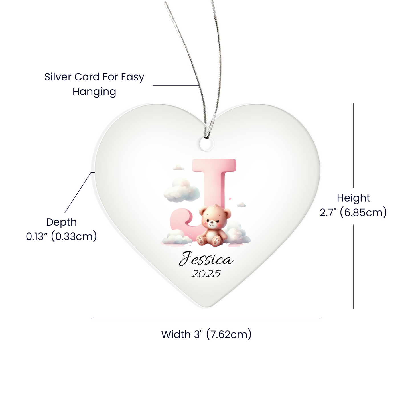 Pink Teddy Bear Acrylic Heart Ornament