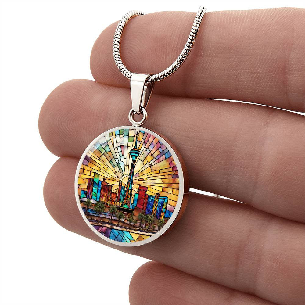 Las Vegas Skylight Stained Glass Look Round Pendant Necklace in Gold or silver-[Heartfelt Family Gift]