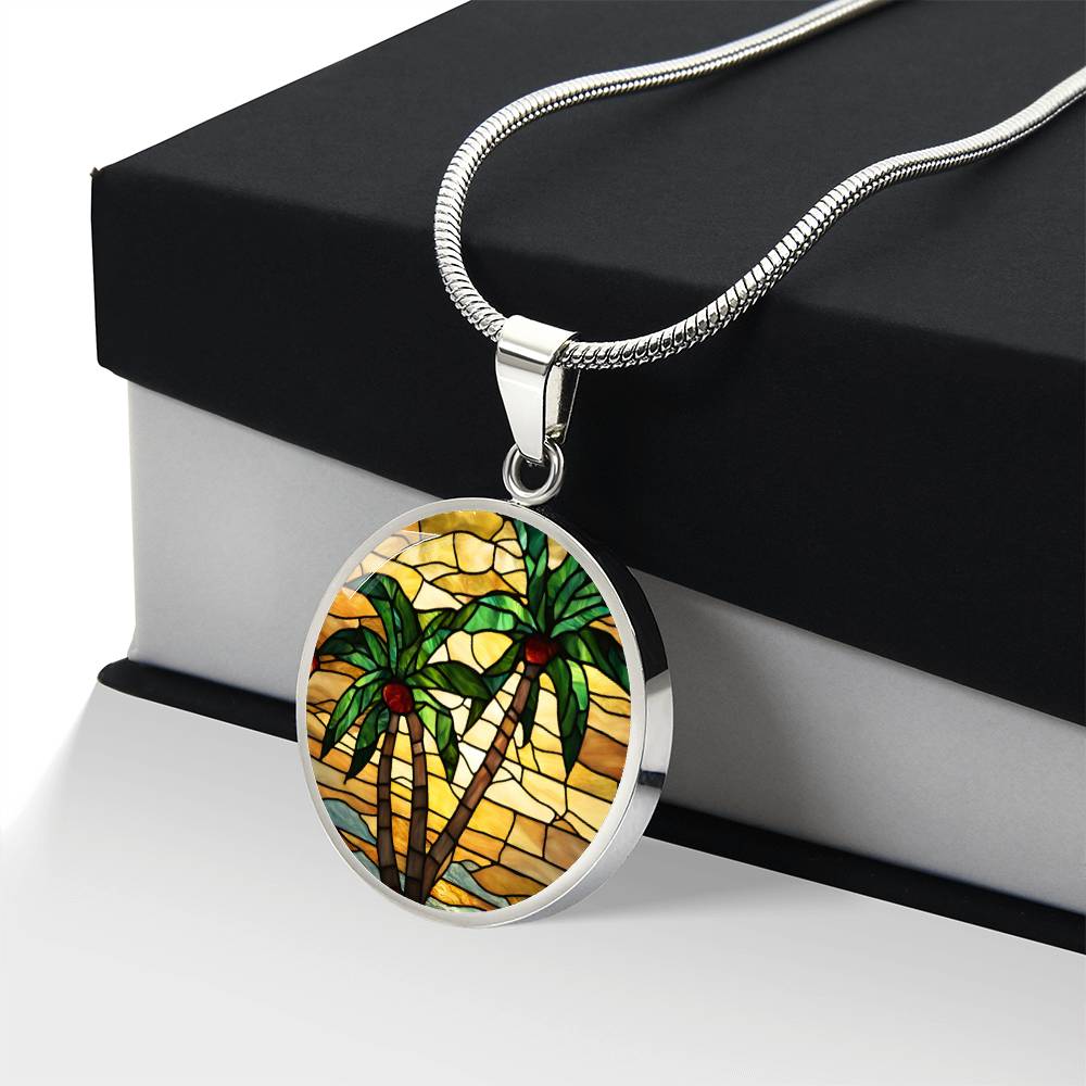 Palm Tree Stained Glass Style Pendant Necklace