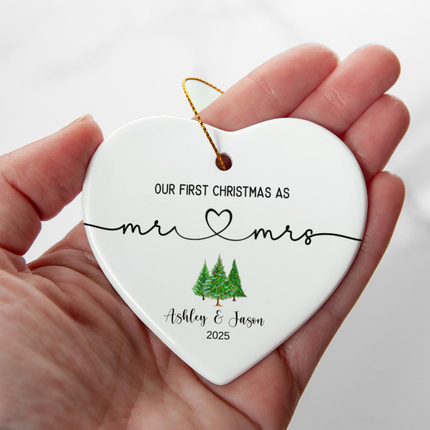 Ceramic Heart Ornament, First Christmas Ornament, Elegant Holiday Decor, Mr and Mrs Keepsake, Personalized Couple Ornament, New Year Gift