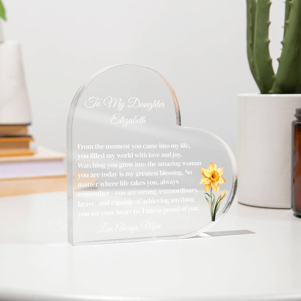 Daughter Acrylic Heart Plaque with Personalized Birthflower
