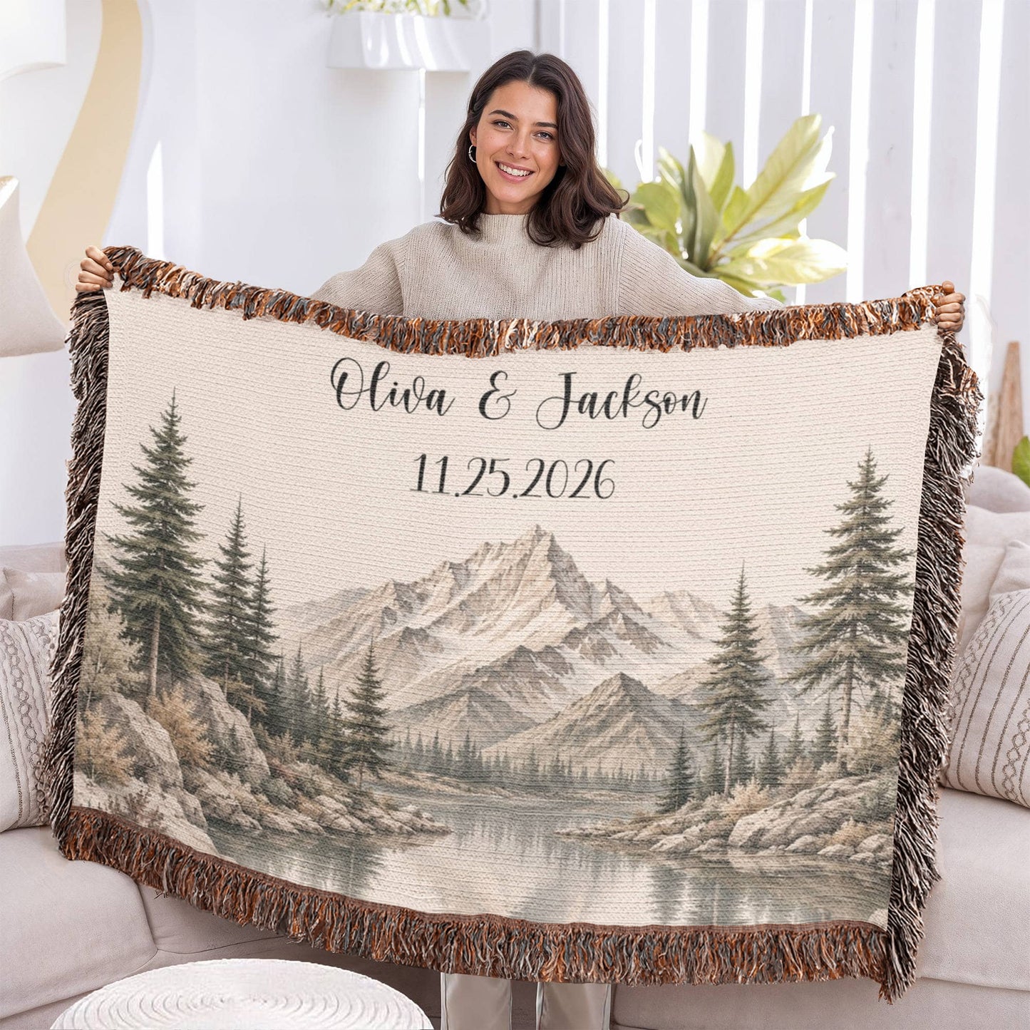 Custom Couples Woven Blanket, Personalized Wedding Gift with Names and Date, Mountain Forest Throw, Anniversary Gift 100% Cotton