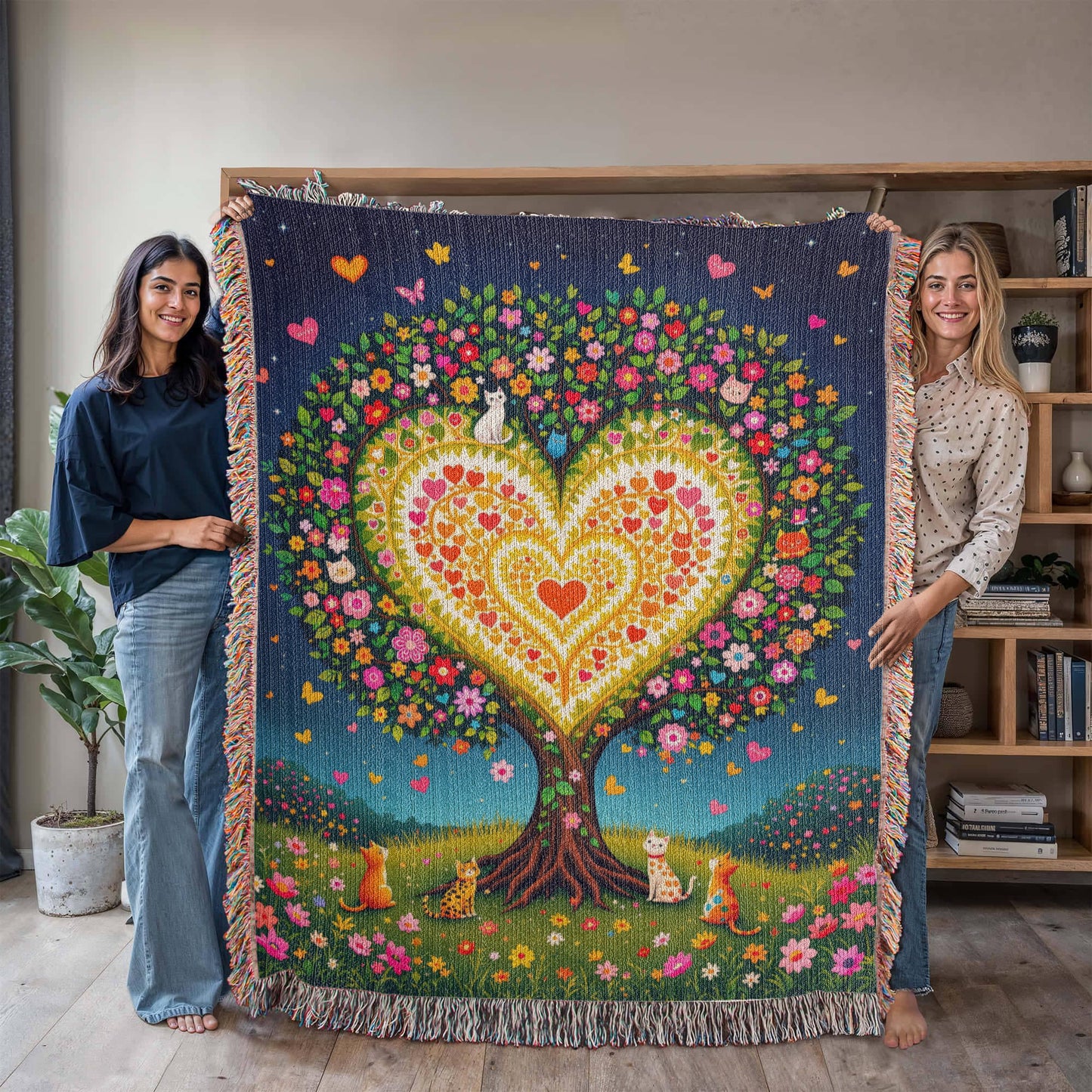 Cat Tree of Life Woven Cotton Throw Blanket-[Heartfelt Family Gift]