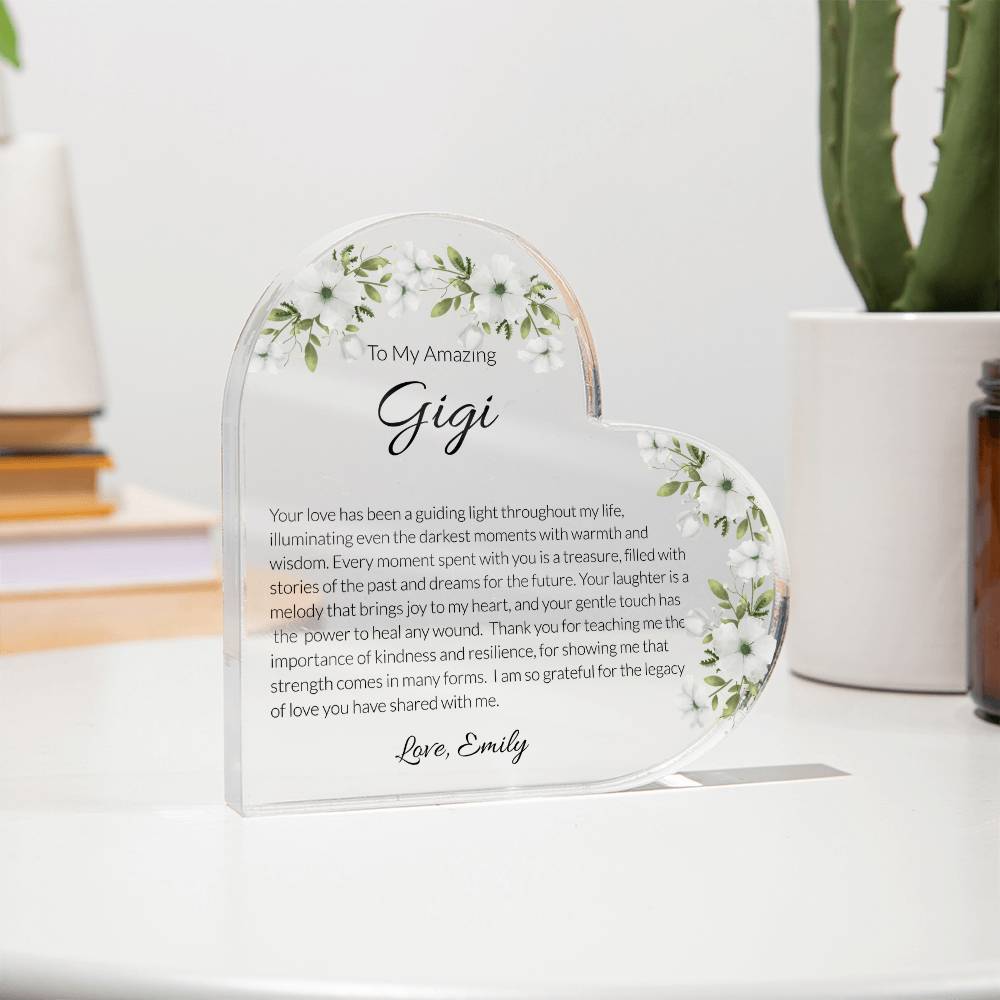 Gigi Acrylic Heart Plaque, Heart Plaque for Grandma, Personalized Grandma Gift, Sentimental Keepsake, Floral Acrylic Decor, Mother's Day Gift