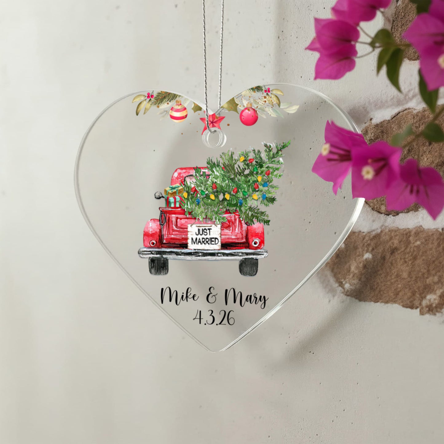 First Christmas Married Ornament, Personalized Acrylic Heart, Vintage Truck Keepsake, Newlywed Holiday Gift, Custom Wedding Ornament