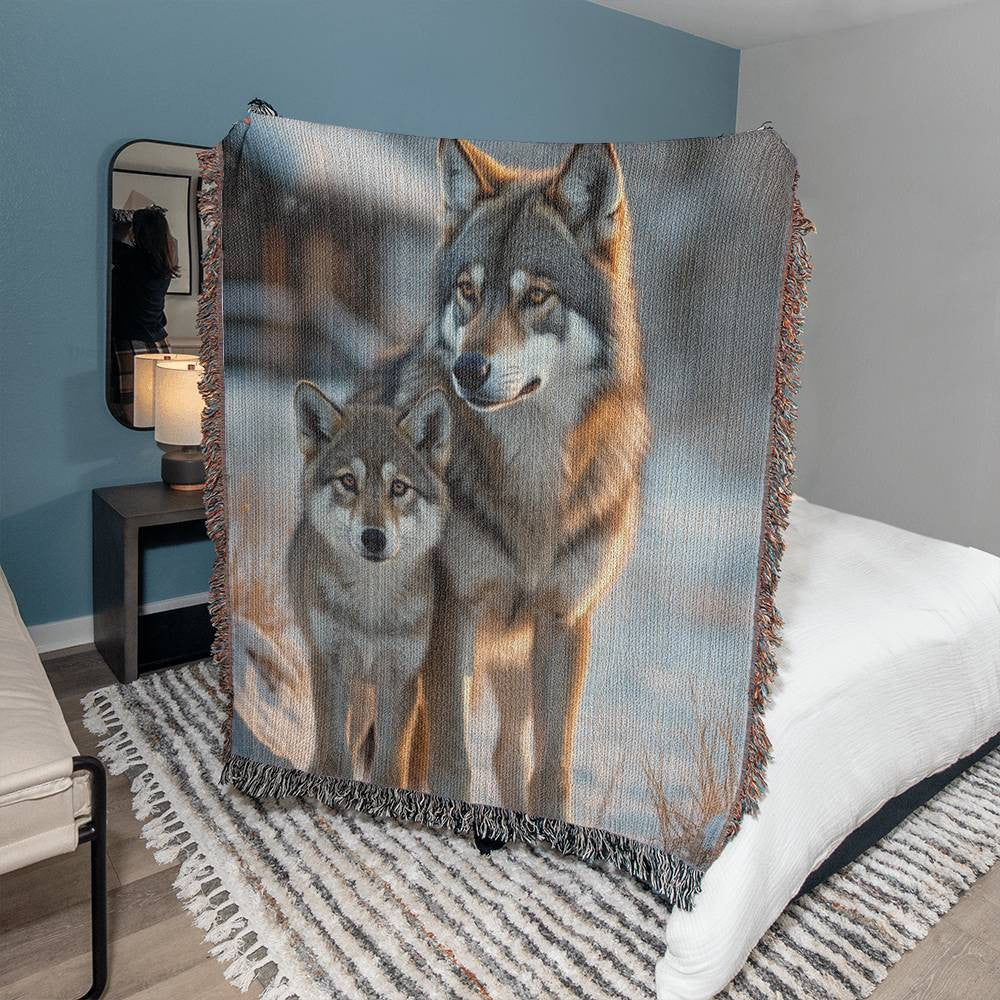 Wolf and Pup Woven Cotton Blanket-[Heartfelt Family Gift]