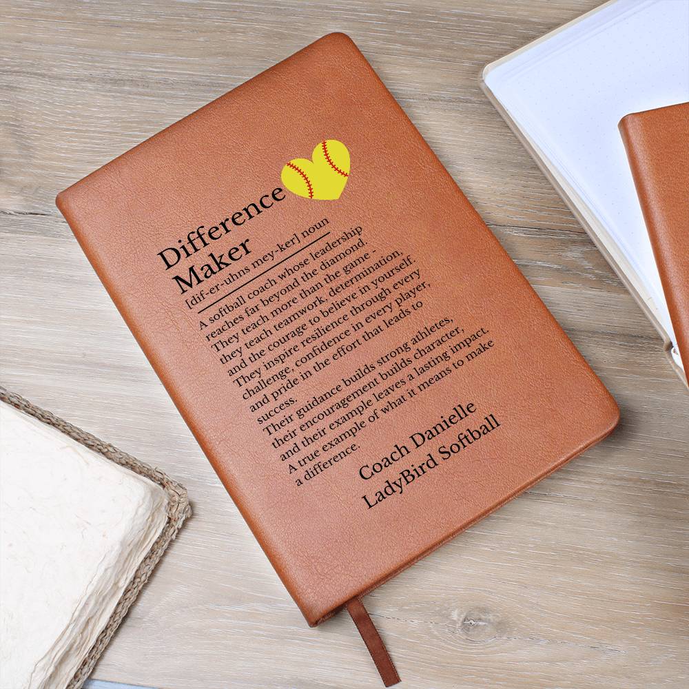 Softball Coach Gift, Leather Journal for Coaches, Inspirational Notebook, Personalized Gift for Mentor, Vegan Leather Diary, Teacher Appreciation