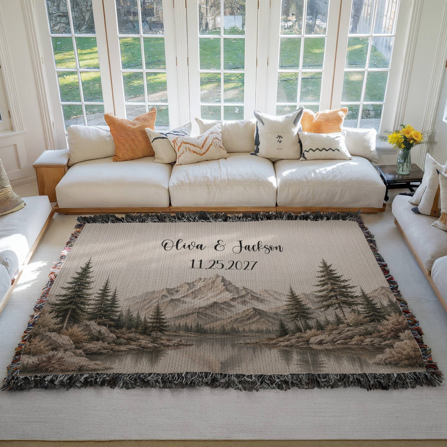 Custom Couples Woven Blanket, Personalized Wedding Gift with Names and Date, Mountain Forest Throw, Anniversary Gift 100% Cotton