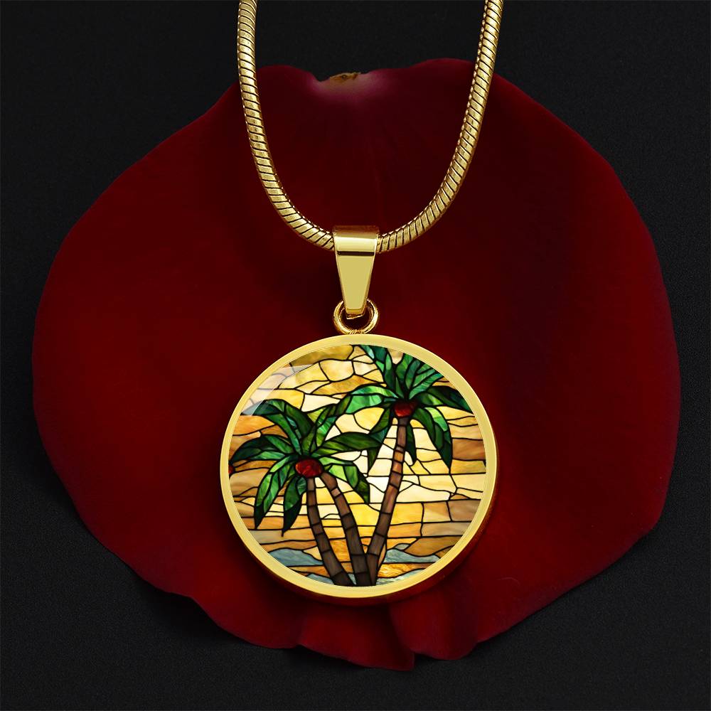 Palm Tree Stained Glass Style Pendant Necklace