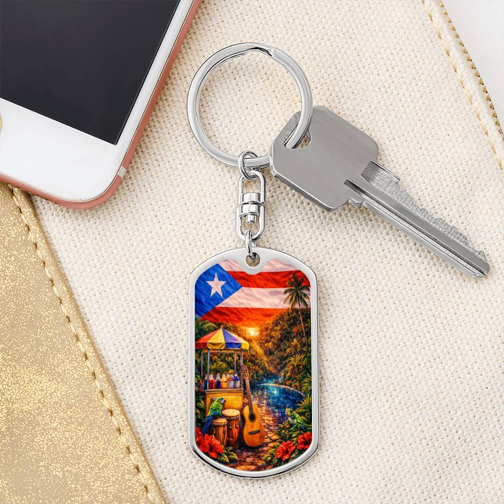 Engraved Puerto Rico Flag Latin American Culture Dog Tag Necklace or Keychain