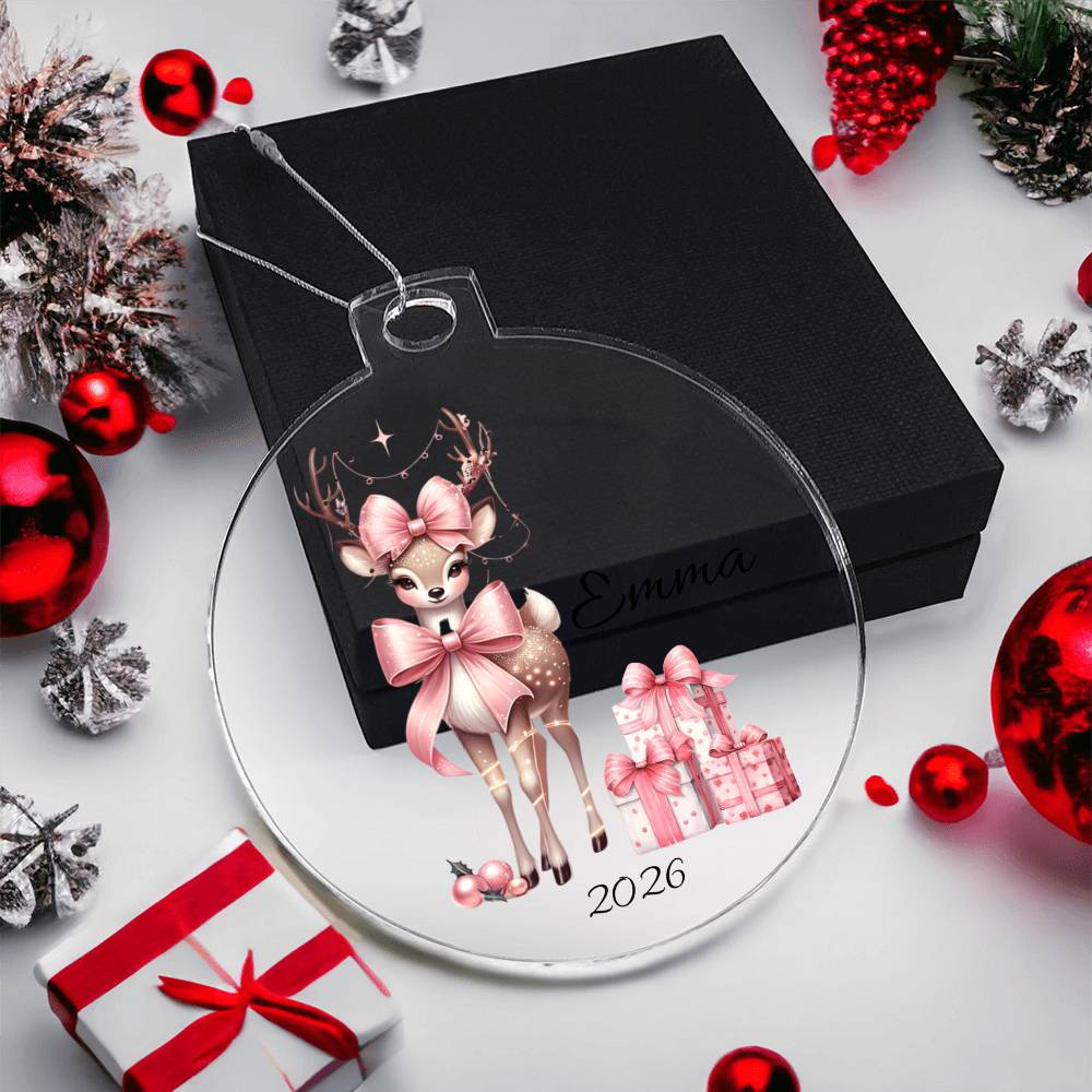 Pink Couquette Reindeer Christmas Ornament