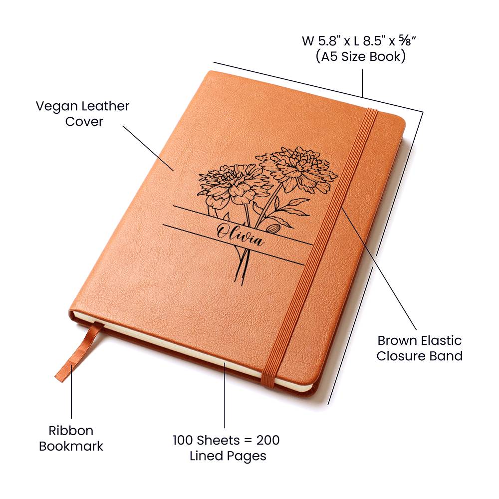 Personalized Vegan Leather Journal with Custom Birthflower, Custom Name, Unique Gift for Writers, Elegant Diary, Birthday Gift