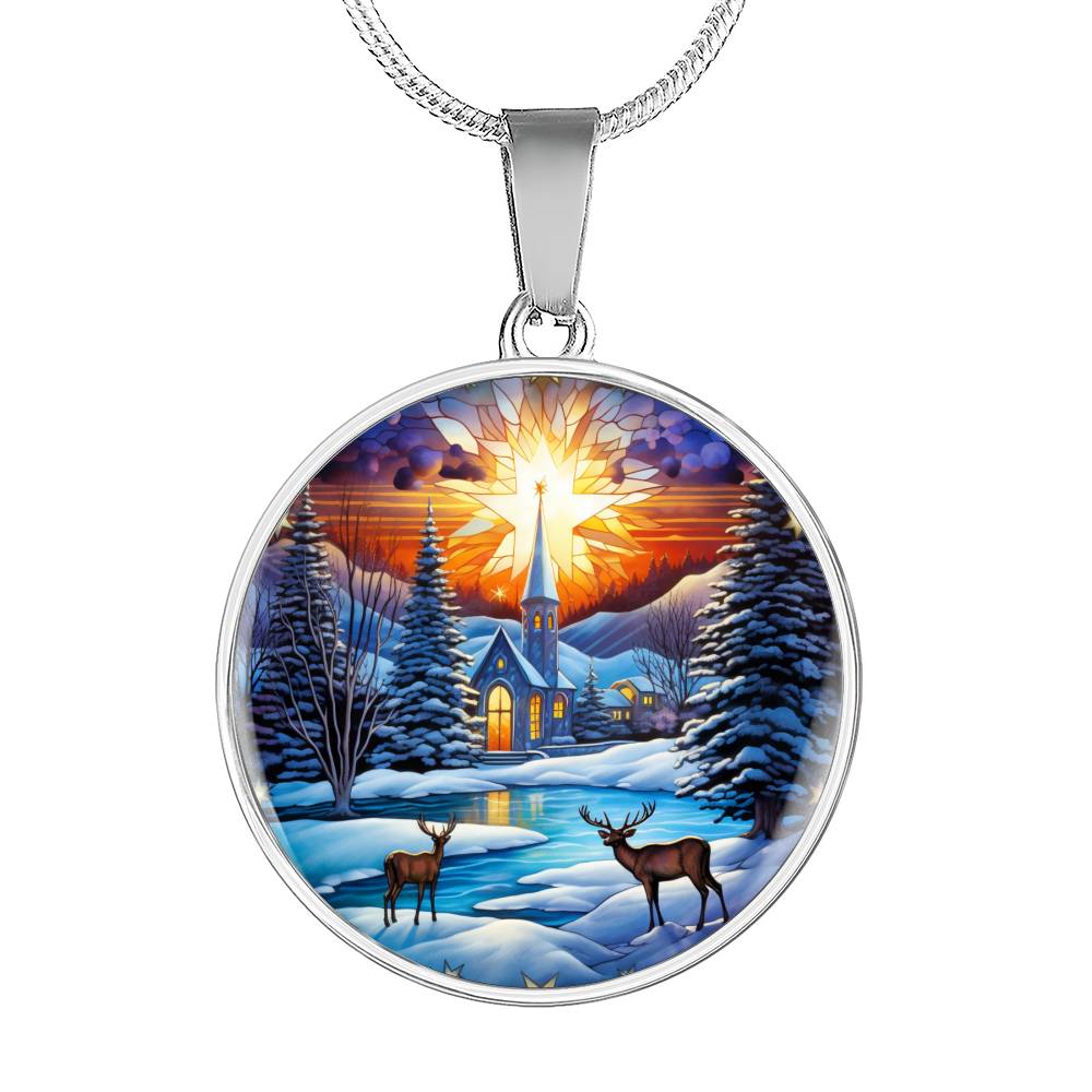 Snowy Church and Deer Pet Necklace