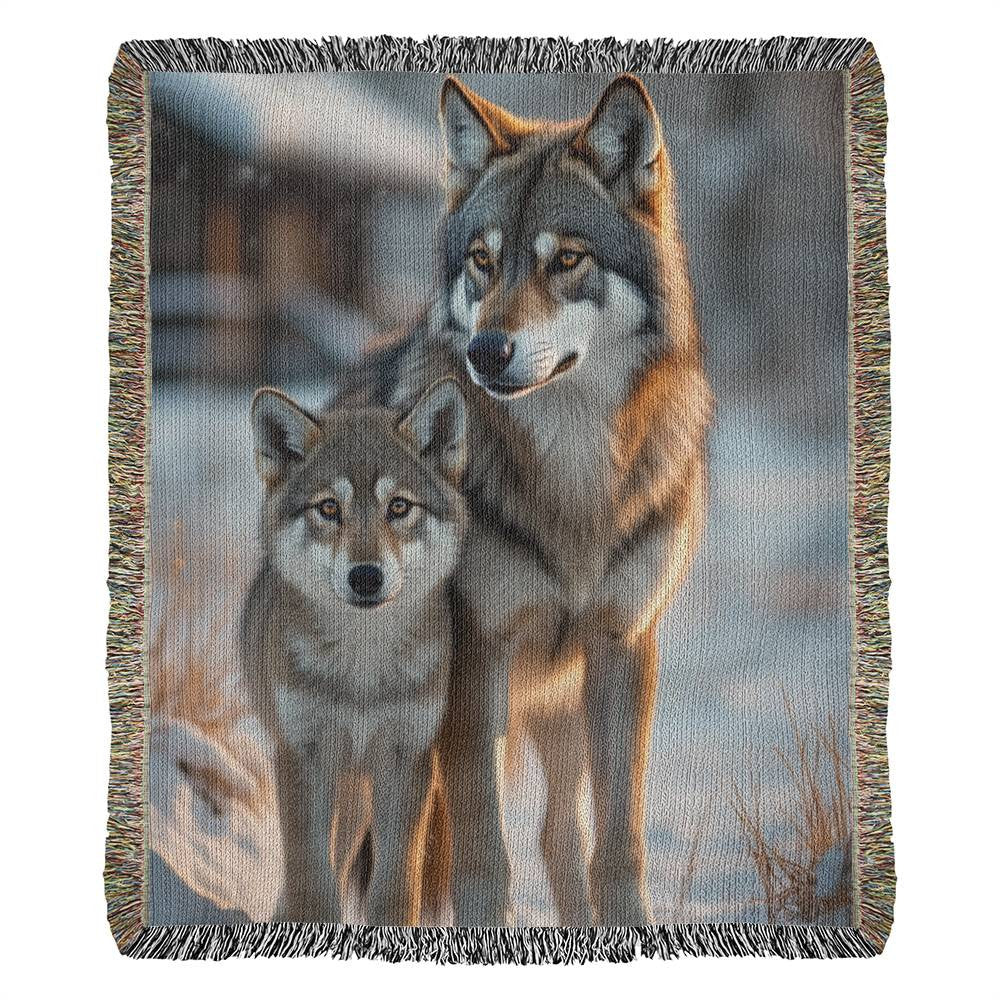 Wolf and Pup Woven Cotton Blanket-[Heartfelt Family Gift]