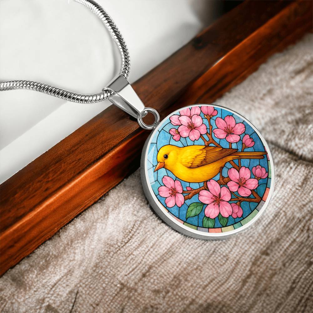 Goldfinch  Yellow Bird Floral Necklace with Engraving