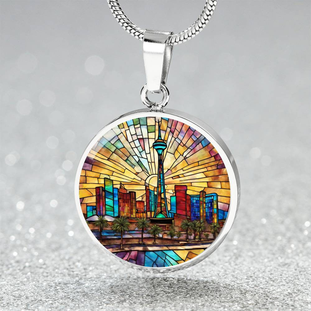 Las Vegas Skylight Stained Glass Look Round Pendant Necklace in Gold or silver-[Heartfelt Family Gift]