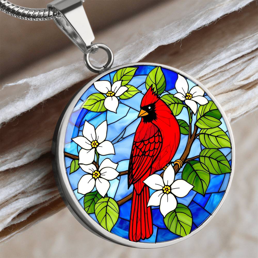 Cardinal Faux Stain Glass Pendant Necklace