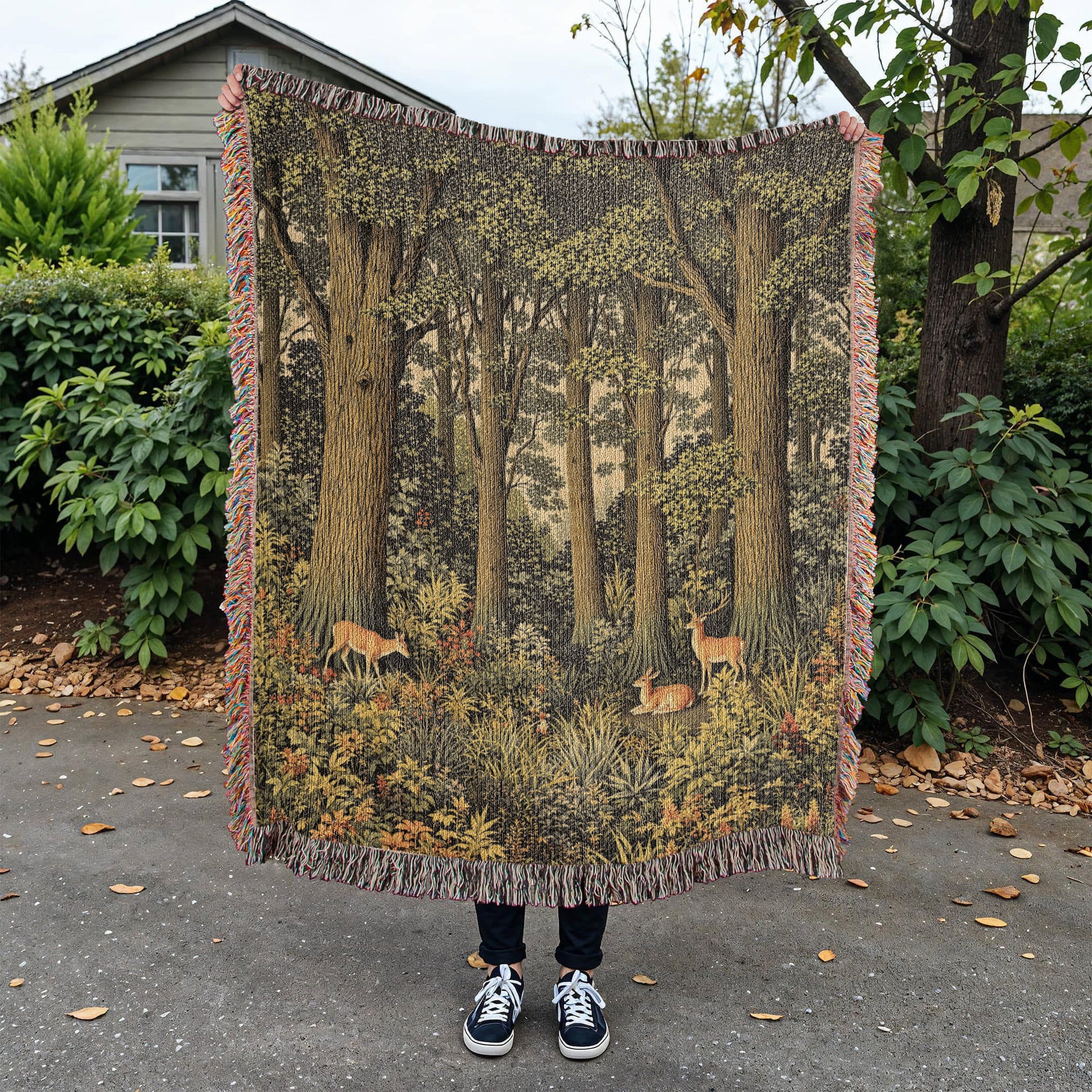 Forestcore Deer Woven Cotton Throw-[Heartfelt Family Gift]