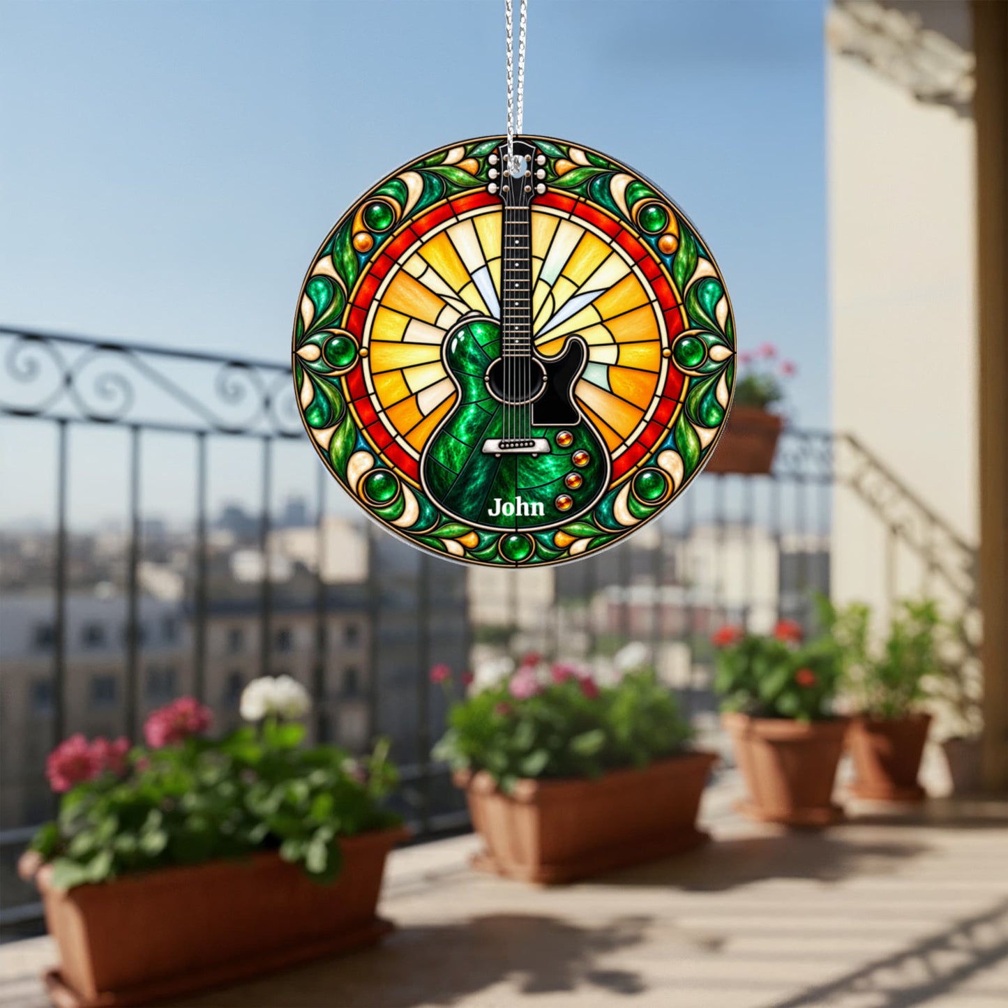 Electric Guitar Christmas Ornament, Music Lover Tree Decor, Stained Glass Style Acrylic Hanging Holiday Gift for Guitarists