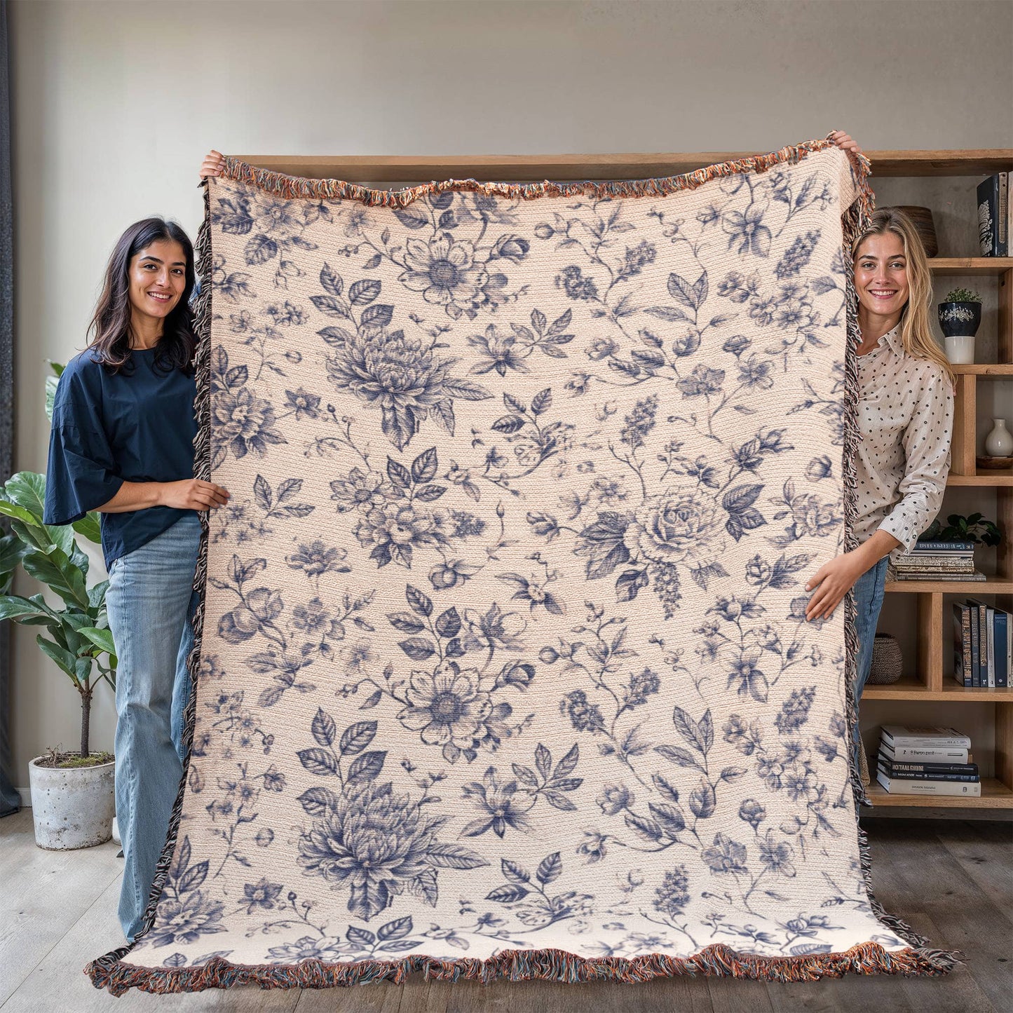 Toile de Jouy Woven Blanket, Blue Floral Tapestry Throw, French Country Decor, Floral Pattern Blanket, Gift for Loved Ones