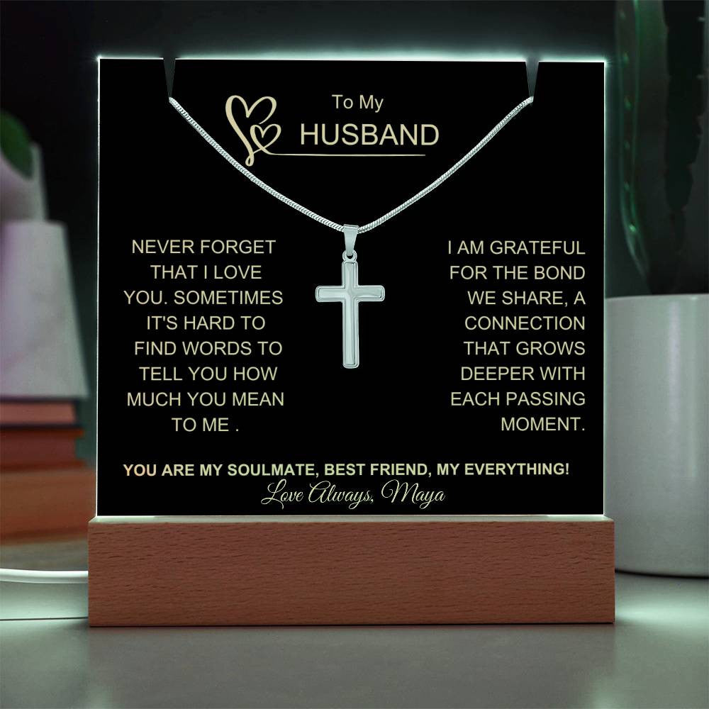 Husband LED Plaque and Cross Necklace Gift Set-[Heartfelt Family Gift]