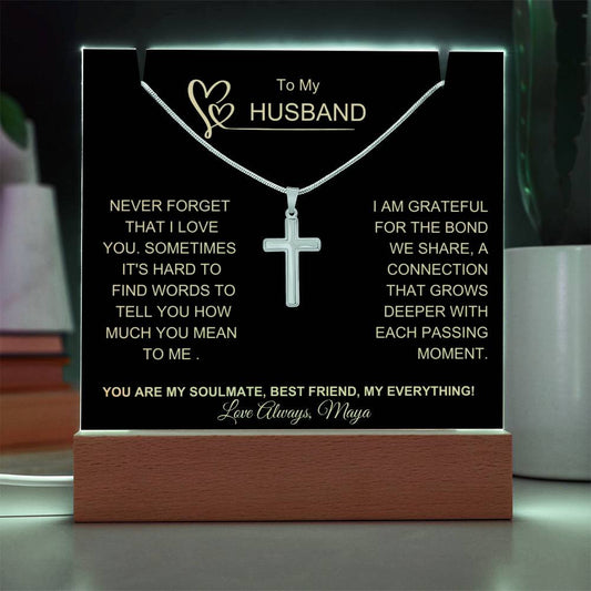 Husband LED Plaque and Cross Necklace Gift Set-[Heartfelt Family Gift]