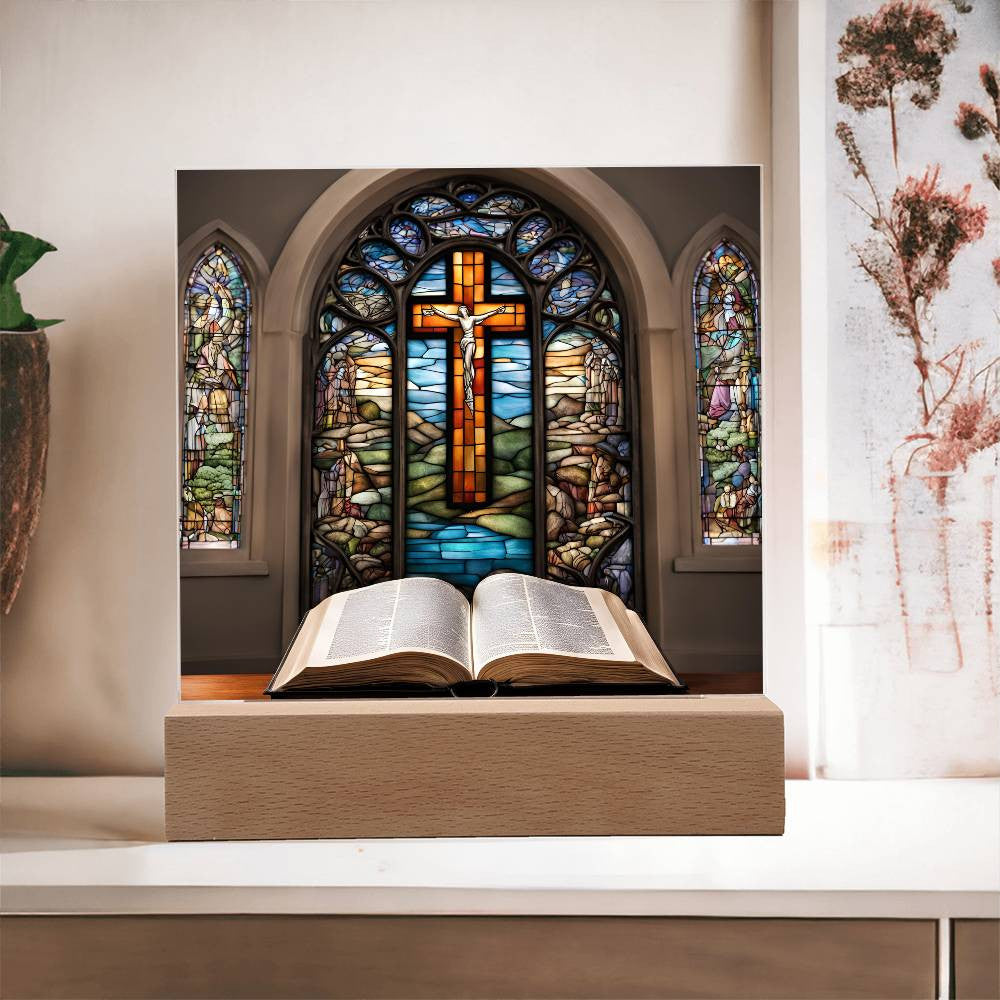Christian Decor Holy Bible and Stained Glass Cross-[Heartfelt Family Gift]