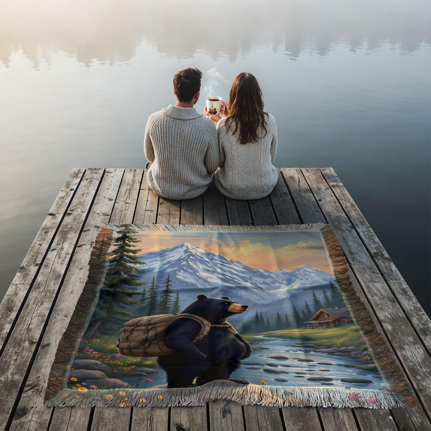 Camping Mountain Cabin Woven Throw Blanket