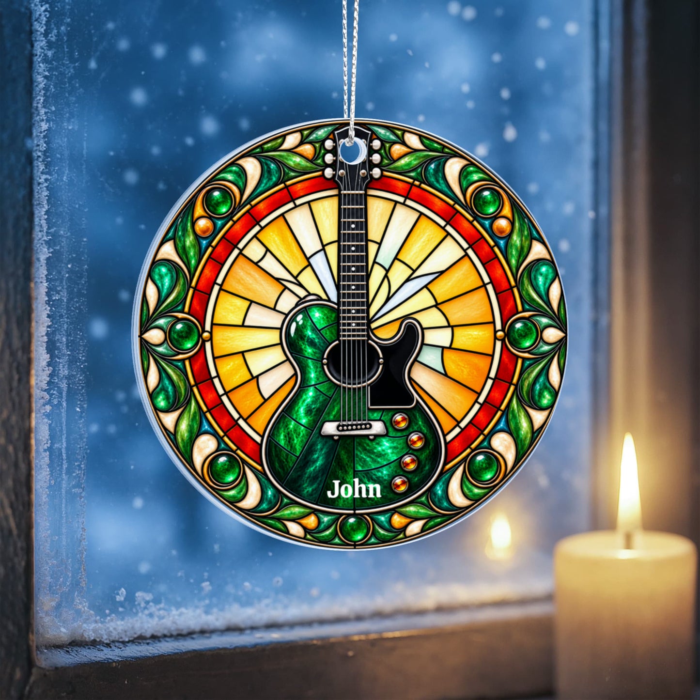 Electric Guitar Christmas Ornament, Music Lover Tree Decor, Stained Glass Style Acrylic Hanging Holiday Gift for Guitarists