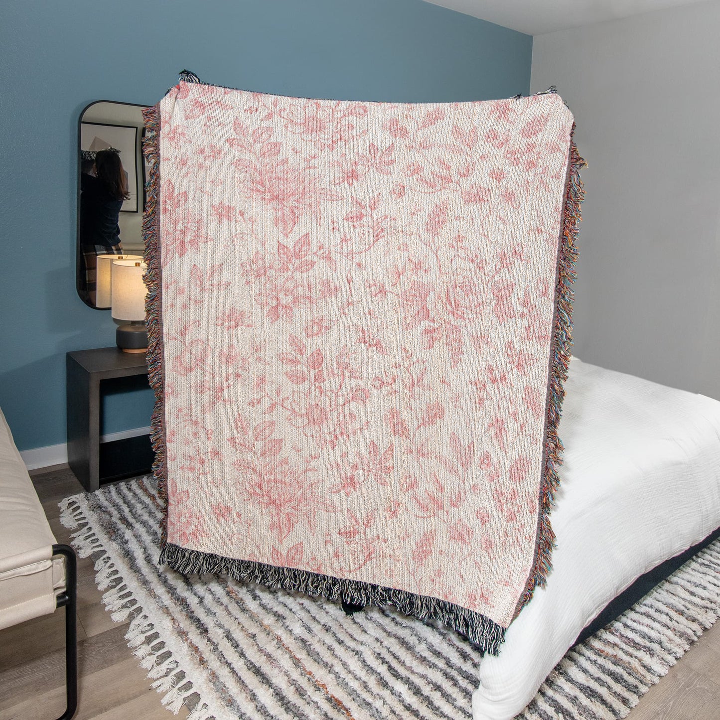 Toile de Jouy Woven Blanket, Blue Floral Tapestry Throw, French Country Decor, Floral Pattern Blanket, Gift for Loved Ones
