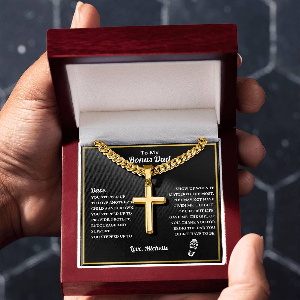 Personalized Bonus Dad Engraved Cross Necklace