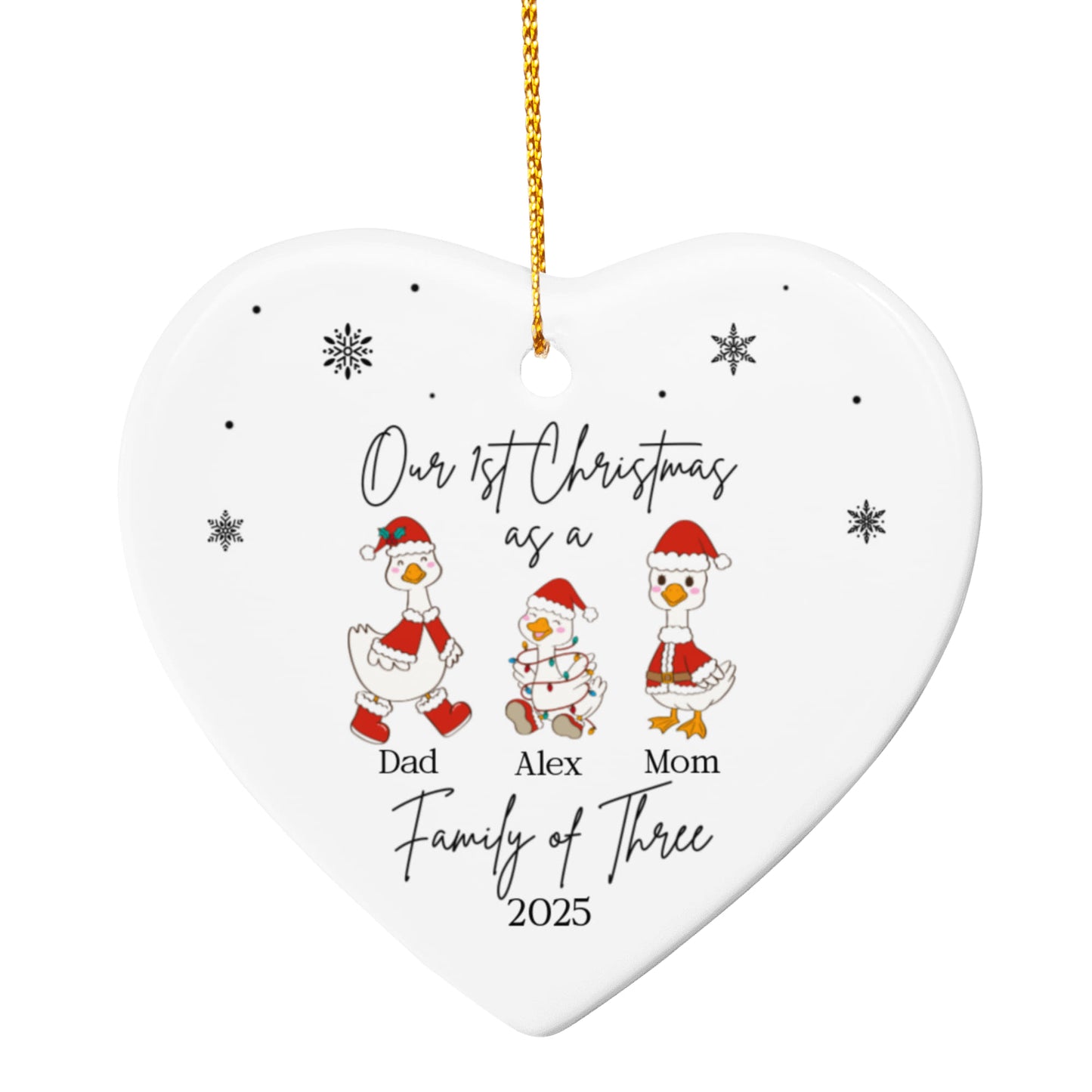 Family of Three Goose Ornament, Christmas Tree Decoration, Heart Ceramic Ornament, Personalized Family Keepsake, Holiday Home Decor