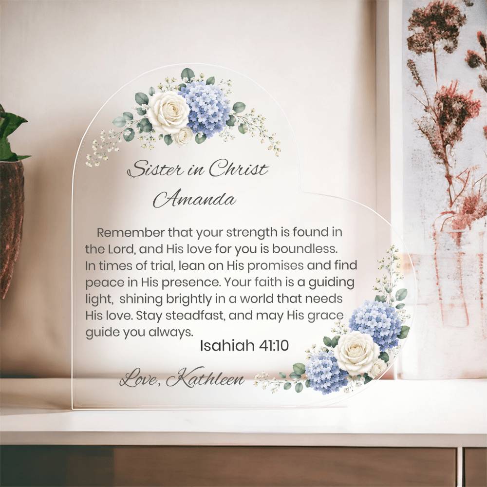 Personalized Sister in Christ Plaque, Bible Verse Acrylic Heart, Christian Friend Gift, Floral Scripture Keepsake, Faith Gift for Her
