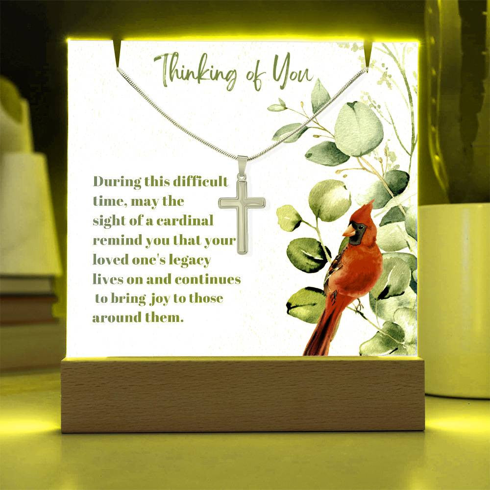 Cardinal Remembrance  Cross Necklace and Acrylic Memorial Plaque-[Heartfelt Family Gift]