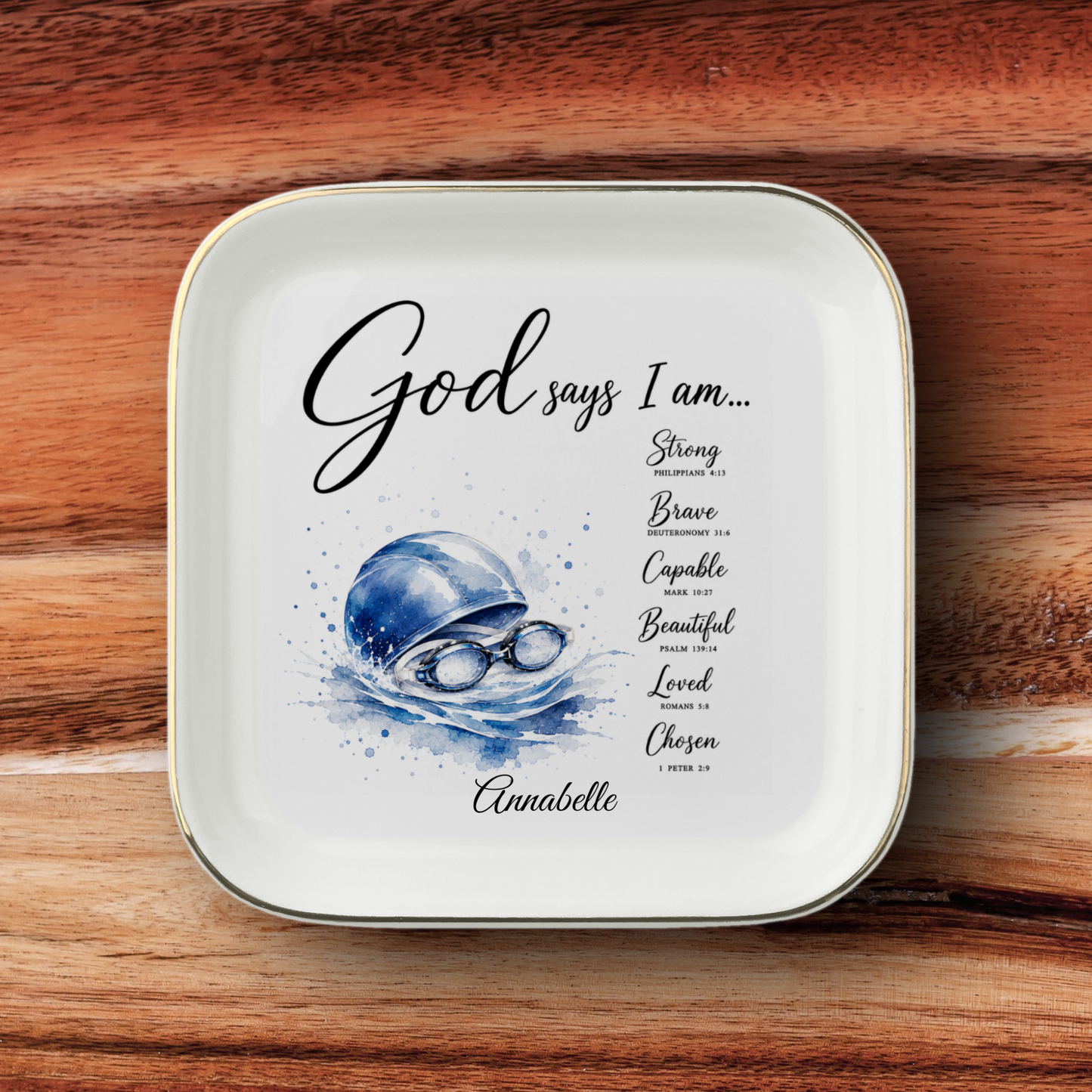 Swimming Christian Jewelry Dish, Swimmer Gift, Faith Trinket Tray, God Says I Am Dish, Personalized Swim Gift, Gold Trim Ceramic Tray