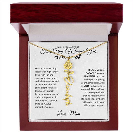 1st Day of Senior Year Class of 2026 Birthflower Name Necklace