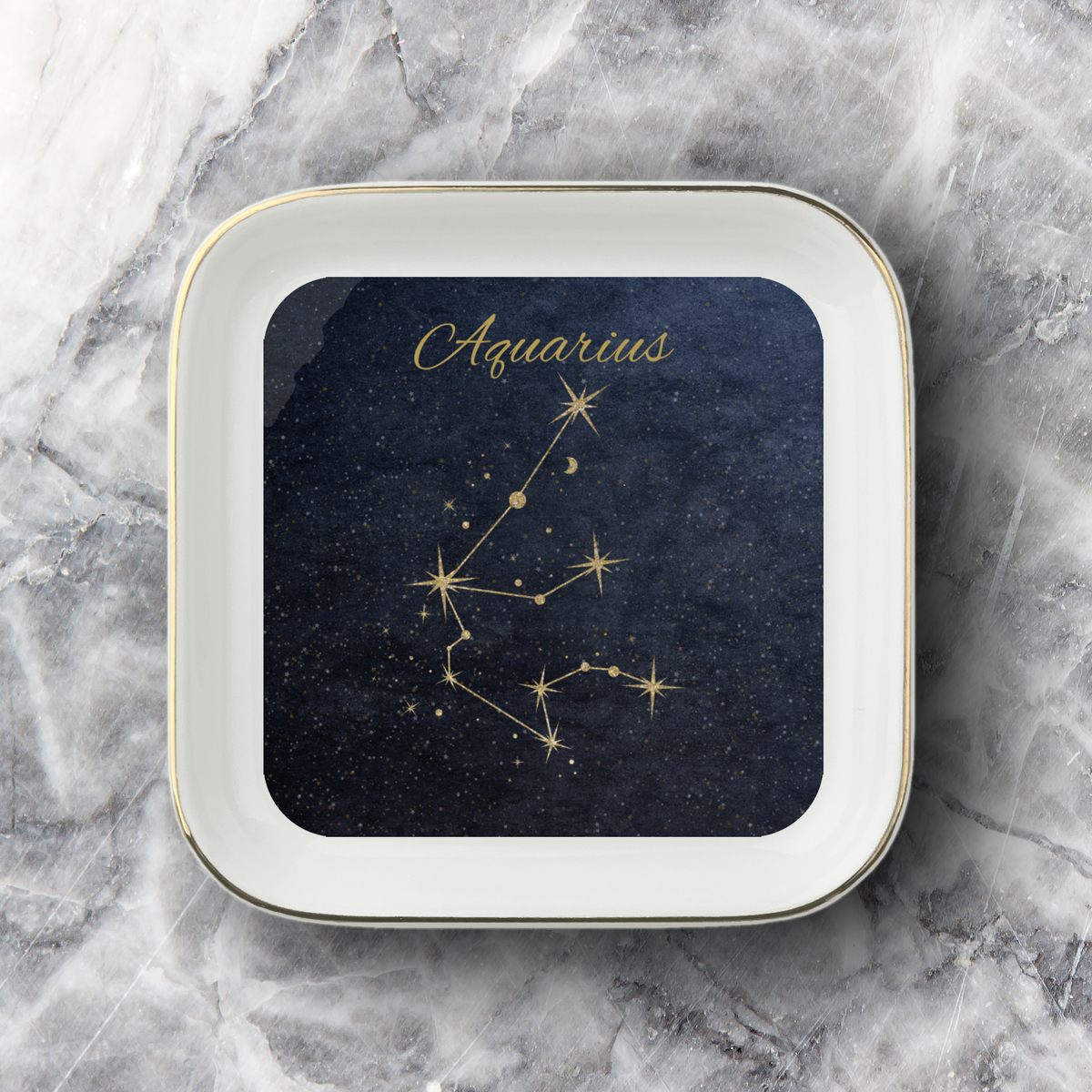 Aquarius Jewelry Dish, Zodiac Constellation Ring Holder, Astrology Trinket Tray, Celestial Gold Star Catchall,