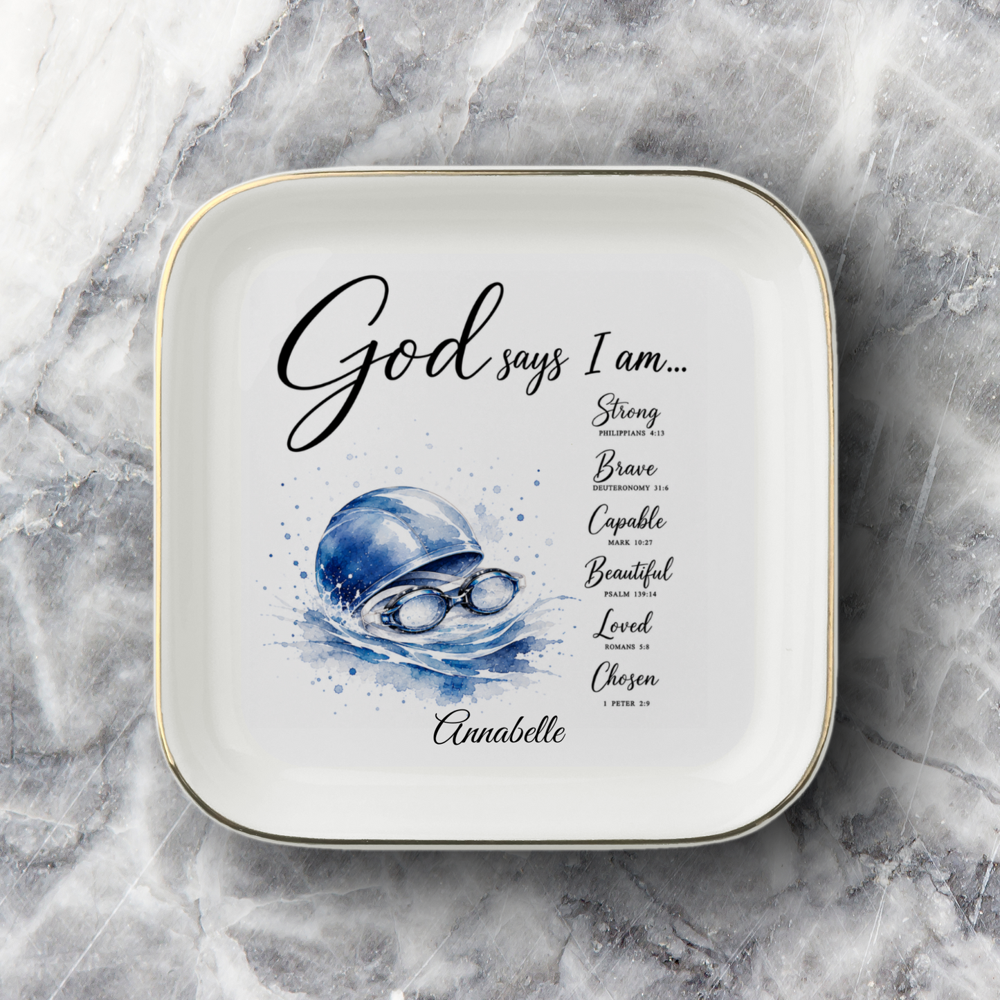 Swimming Christian Jewelry Dish, Swimmer Gift, Faith Trinket Tray, God Says I Am Dish, Personalized Swim Gift, Gold Trim Ceramic Tray