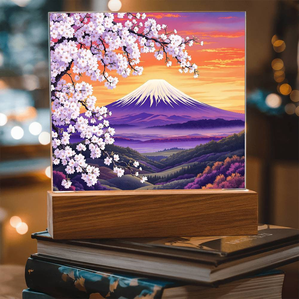Cherry Blossom Mountainscape Lighted Nightlight Plaque