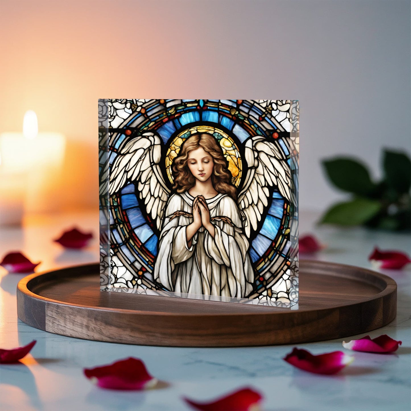 Stained Glass Angel Acrylic Block, Decorative Angel Artwork, Inspirational Home Decor, Elegant Religious Gift, Spiritual Keepsake