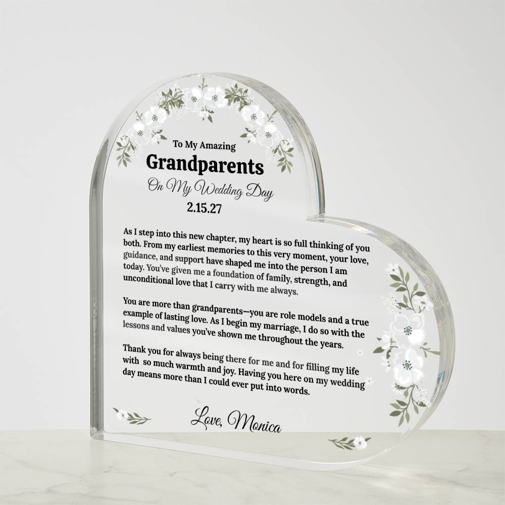 To My Grandparents On My Wedding Day Acrylic Heart Block