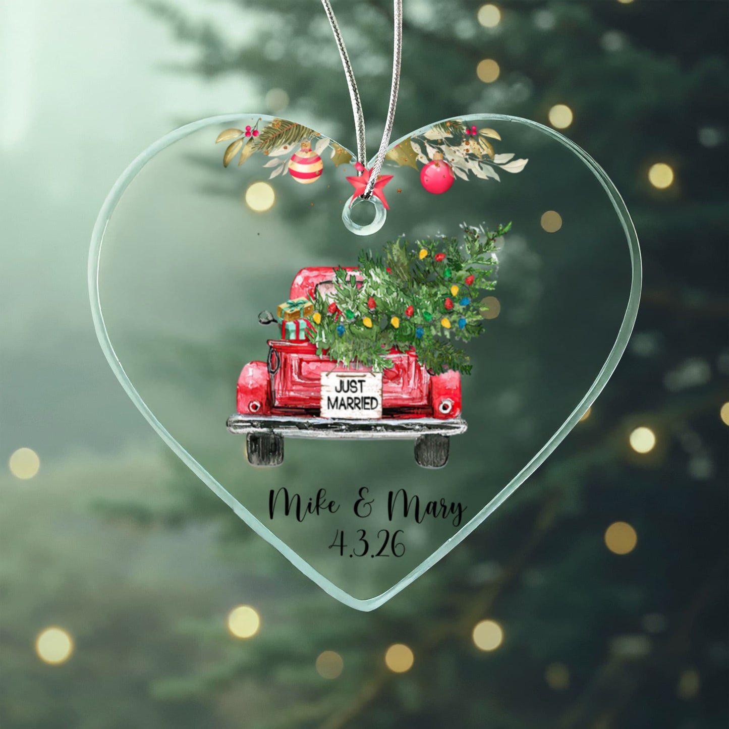 First Christmas Married Ornament, Personalized Acrylic Heart, Vintage Truck Keepsake, Newlywed Holiday Gift, Custom Wedding Ornament