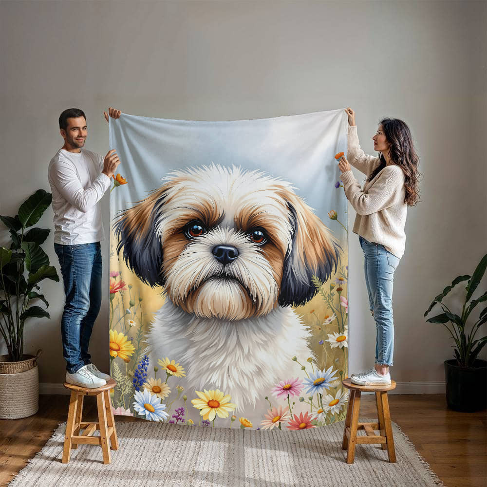 Shih Tzu Dog Wildflower Floral Dog Woven Blanket-[Heartfelt Family Gift]