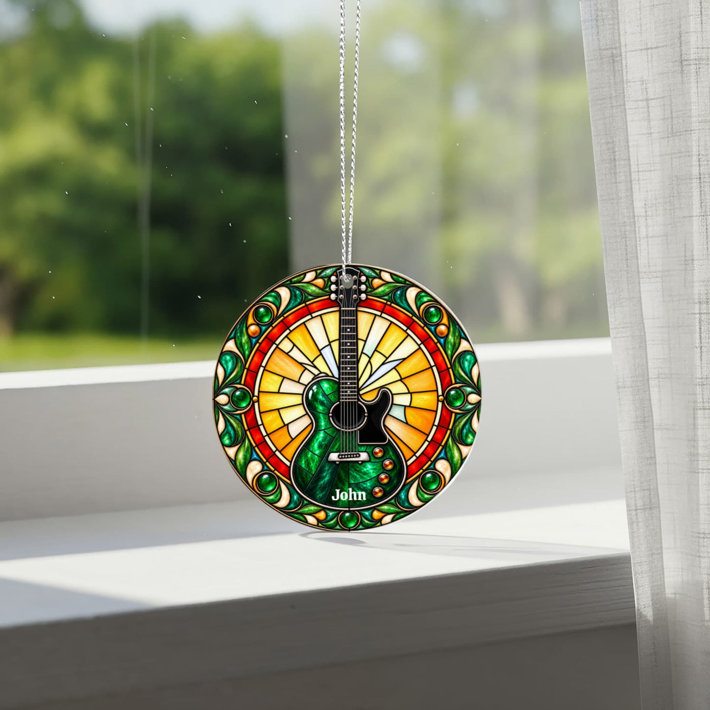 Electric Guitar Christmas Ornament, Music Lover Tree Decor, Stained Glass Style Acrylic Hanging Holiday Gift for Guitarists