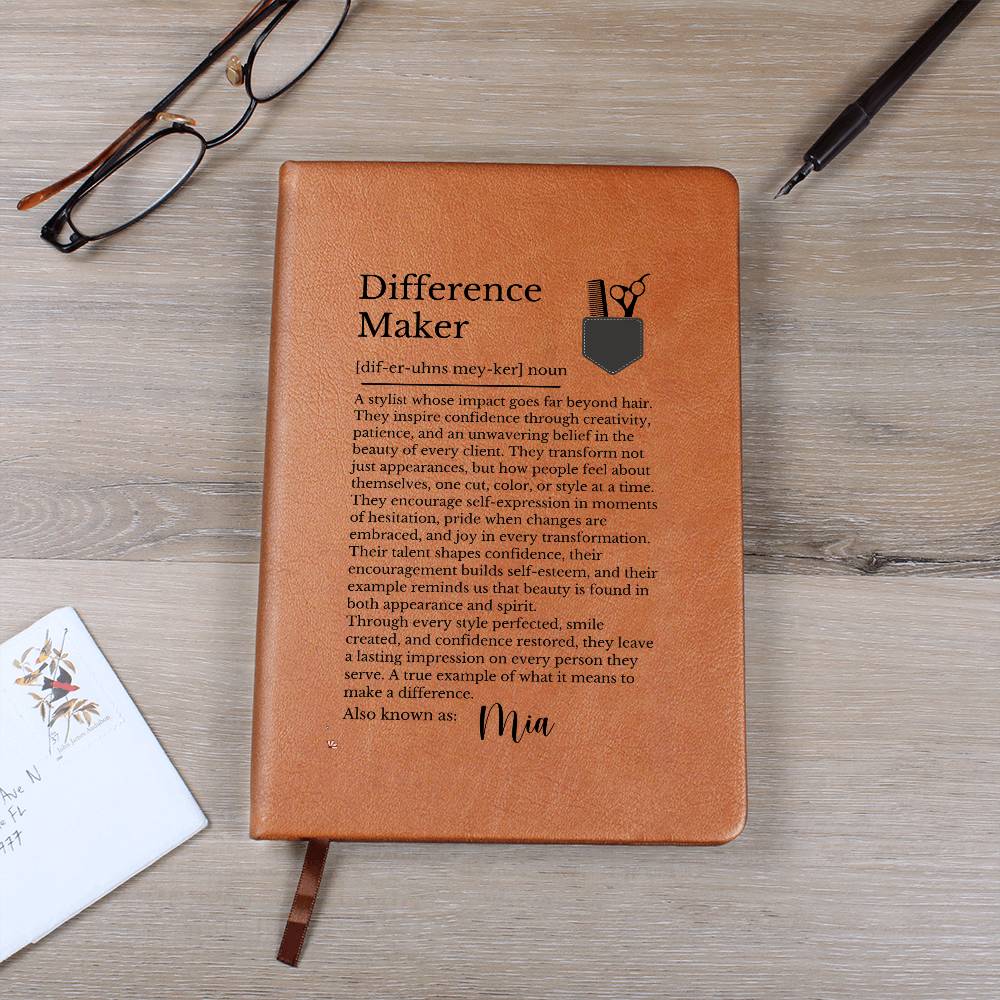 Hairdresser Journal Difference Maker Gift, Vegan Leather Notebook, Stylist Diary, Inspirational Hair Stylist Present, Custom Name