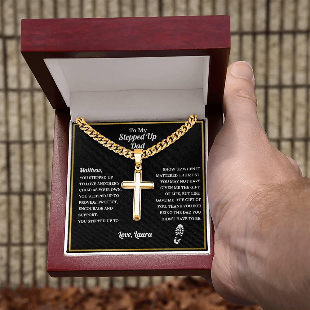 Personalized Stepdad Cross with Cuban Link Chain