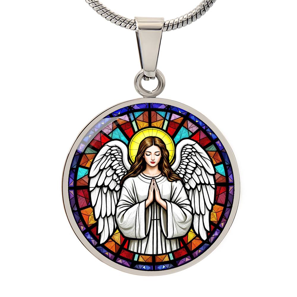 Guardian Angel Faux Stain Glass Pendant Necklace