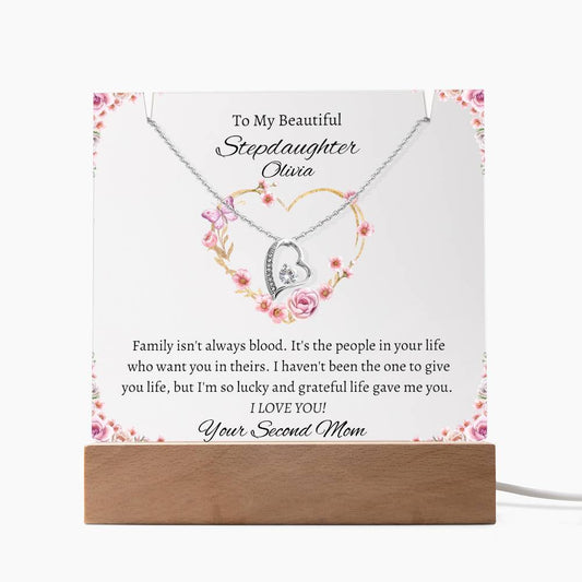 Stepdaughter  LED Acrylic Heart Necklace & Plaque Gift Set-[Heartfelt Family Gift]