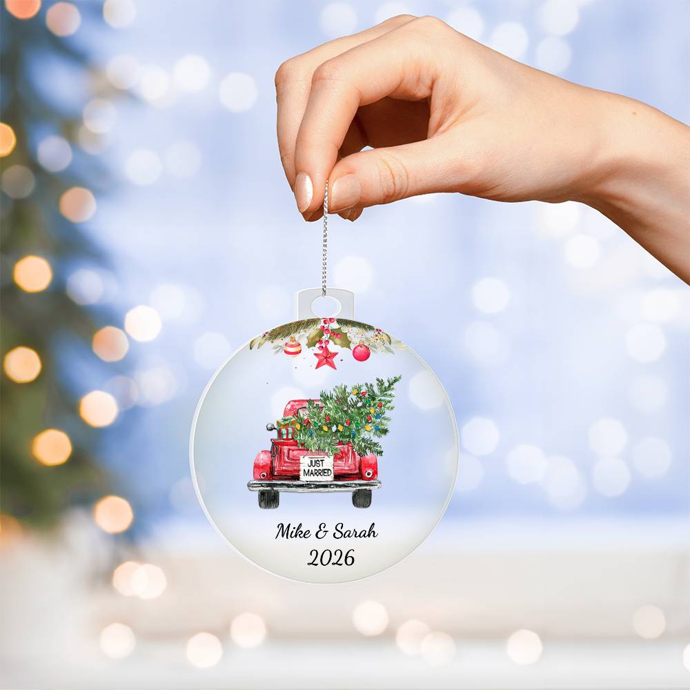 First Christmas Married Ornament, Personalized Acrylic Heart, Vintage Truck Keepsake, Newlywed Holiday Gift, Custom Wedding Ornament