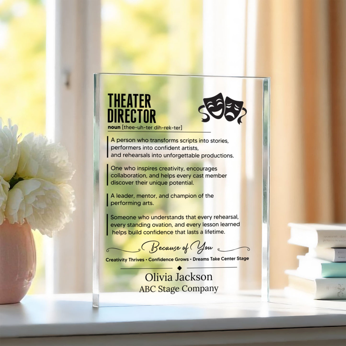 Theater Director Gift Plaque, Theater Masks Acrylic Block, Inspirational Theater Decor, Drama Director Desk Accessory, Gift for Directors